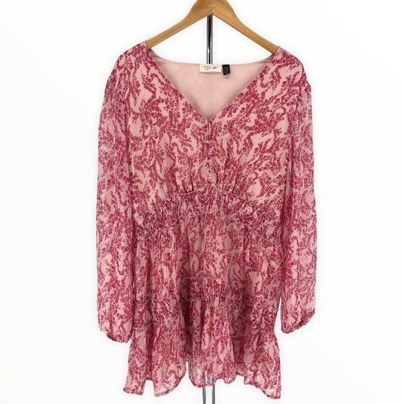 RD Style Pink Print Sheer Long Sleeve Smocked Waist Mini Dress size Large - Picture 1 of 12